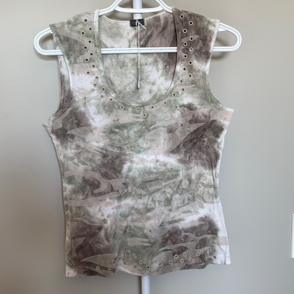 Language Camouflage Top with Eyelet Accents